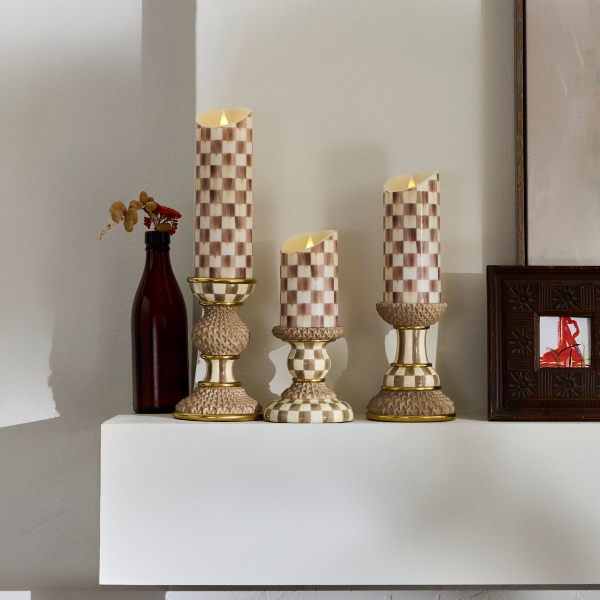 Mocha Check Flameless 5" Pillar Candle - Image 2
