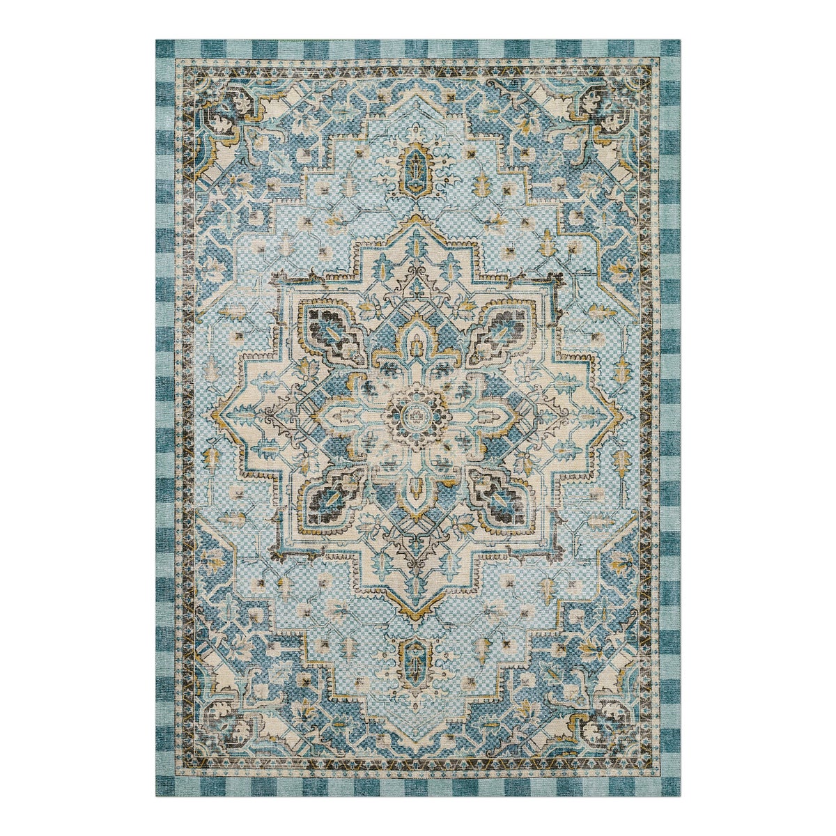 Heriz Checked Aqua 3' x 5' Washable Rug