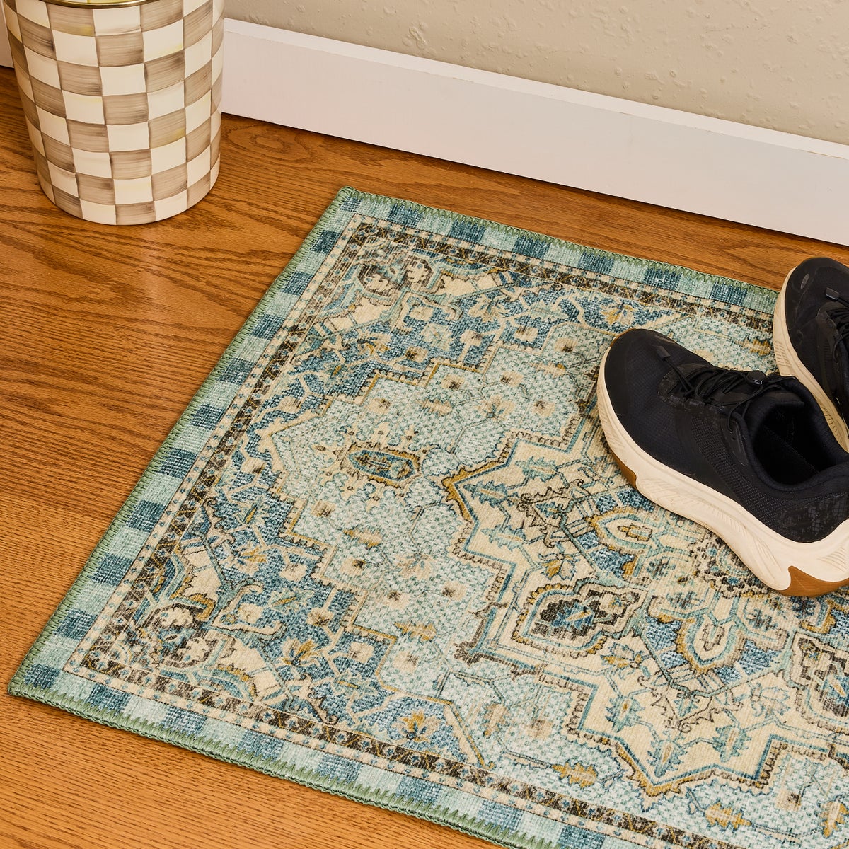 Heriz Checked Aqua 3' x 5' Washable Rug - Image 2