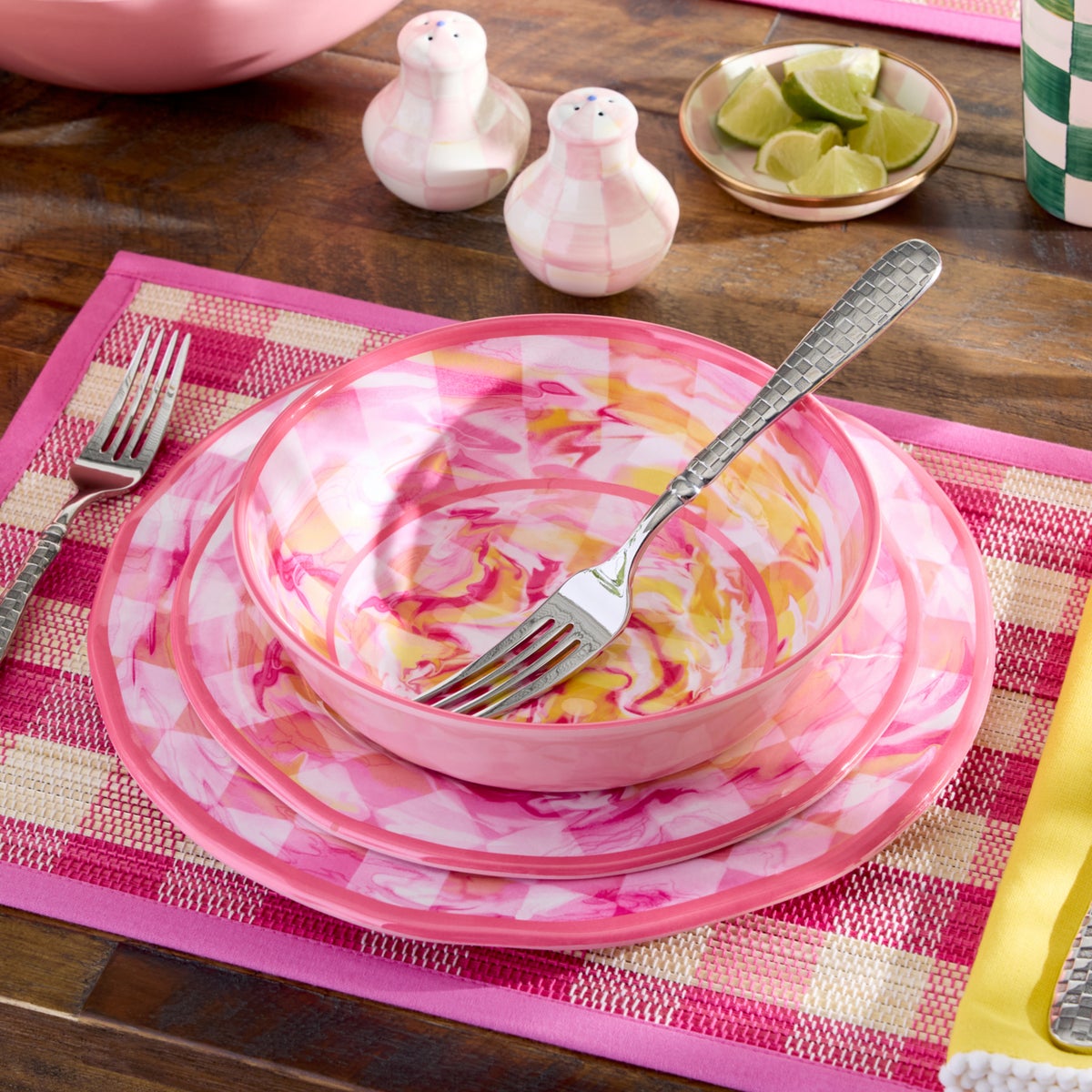 Pink Marble Check Melamine Dinner Plates, Set of 4 - Image 2