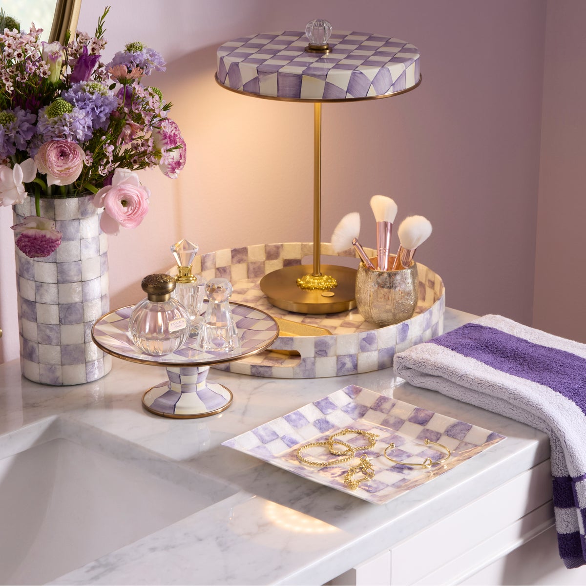 Violet Check Capiz Round Tray - Image 2