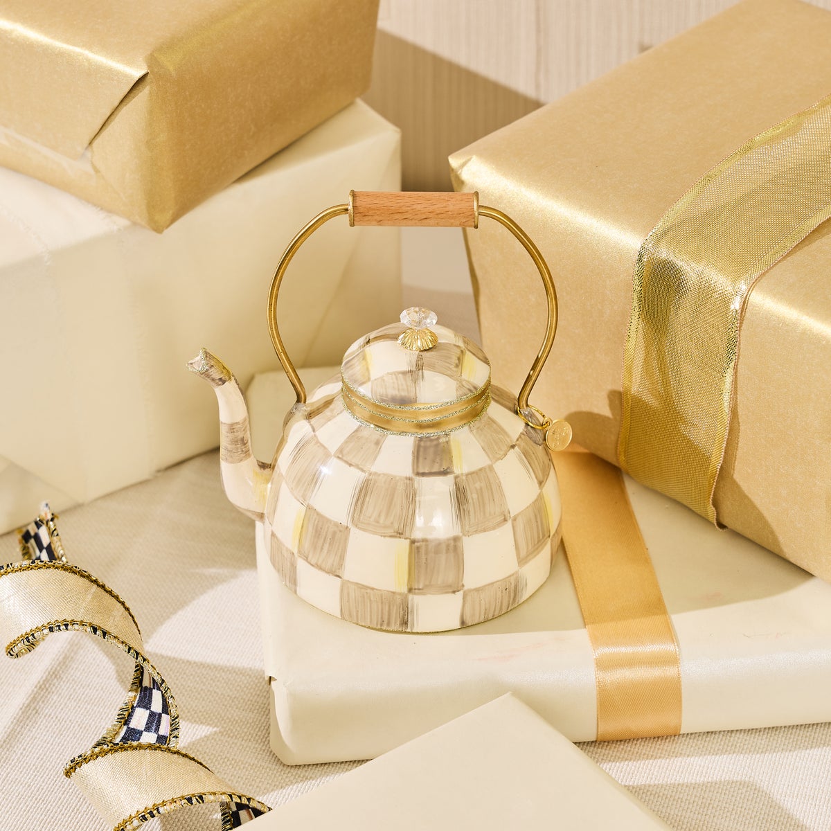 Mocha Check Tea Kettle Glass Ornament - Image 2